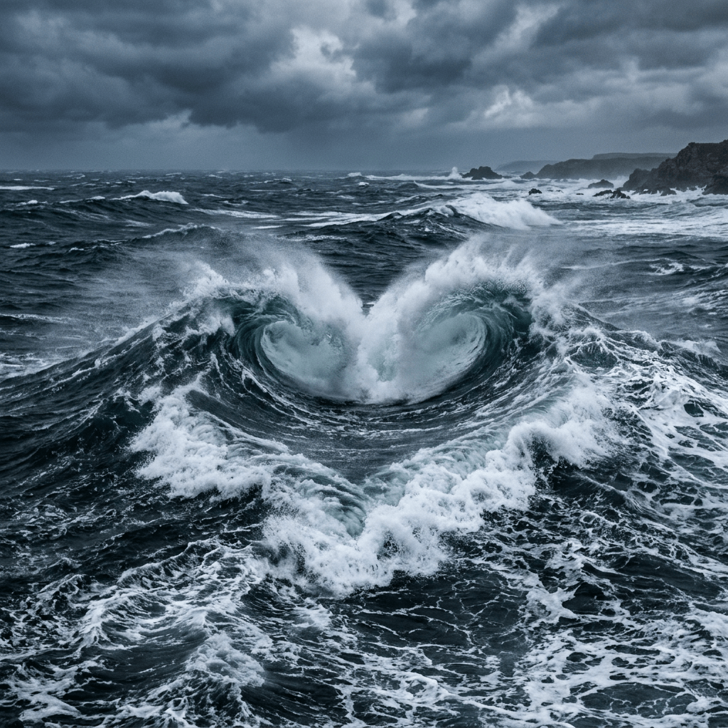Heart-shaped wave forming in turbulent ocean under dark stormy sky