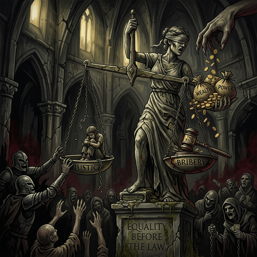 Blindfolded Lady Justice weighing bribery and wealth against a cowering person labeled justice