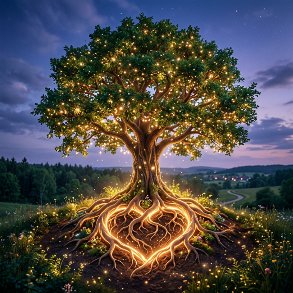 Large tree with glowing lights in leaves and roots shaped like a heart