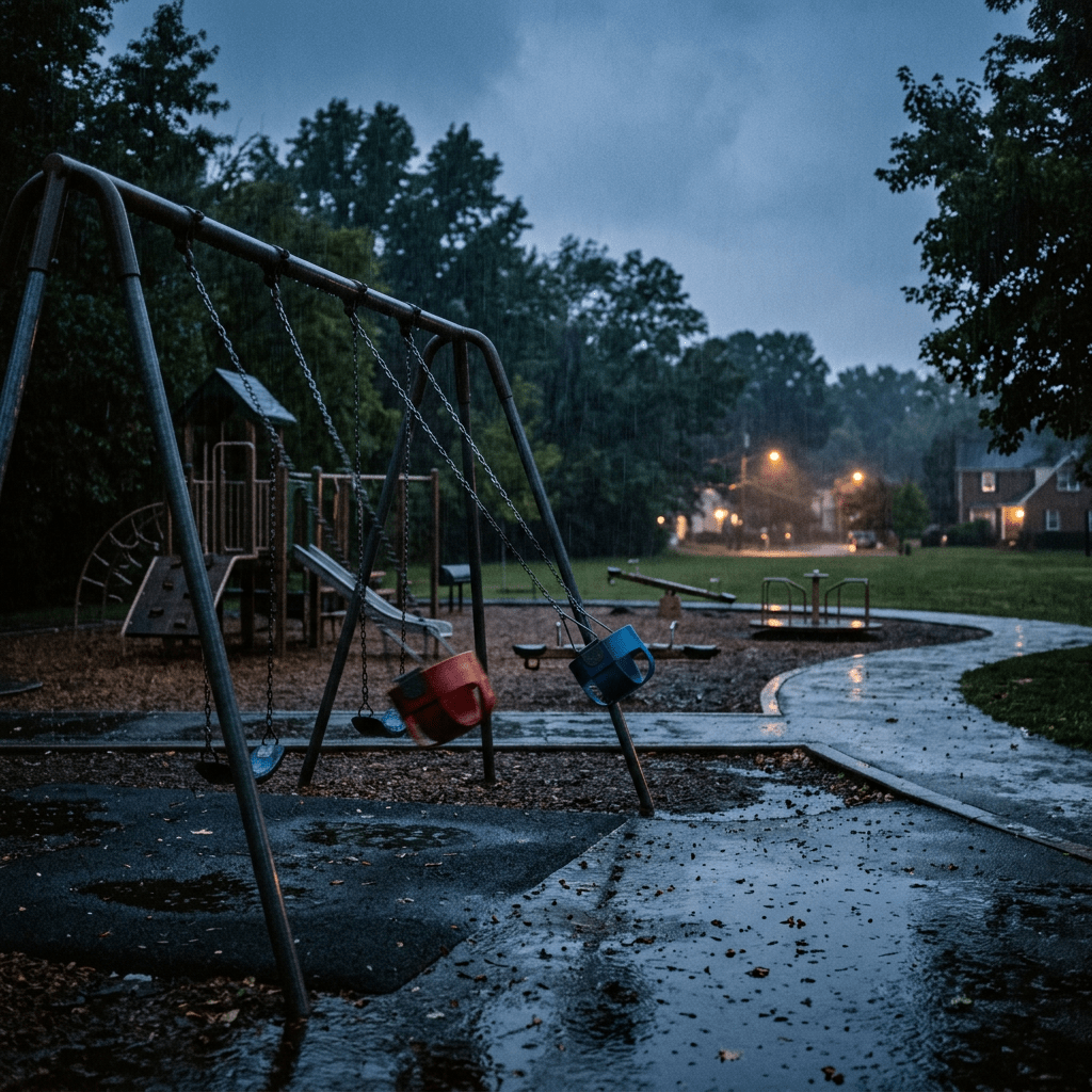 Empty playground swings and equipment on a rainy evening