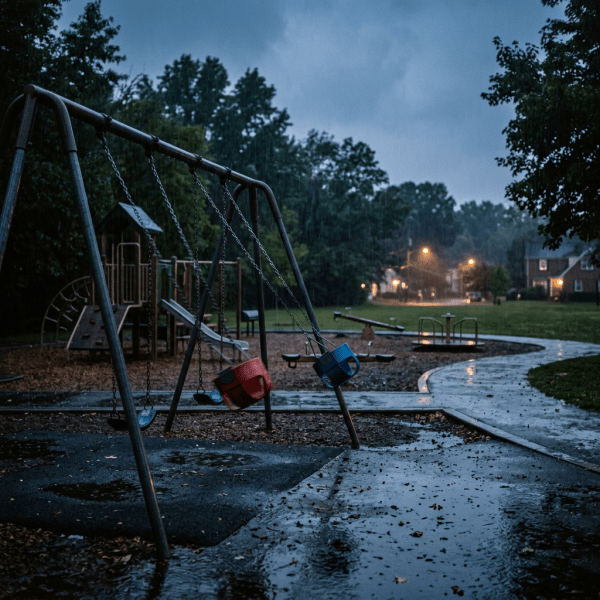 Empty playground swings and equipment on a rainy evening