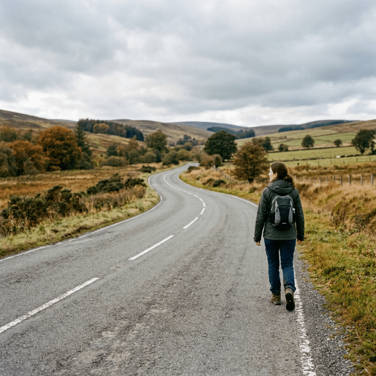 Woman walking alone on empty road