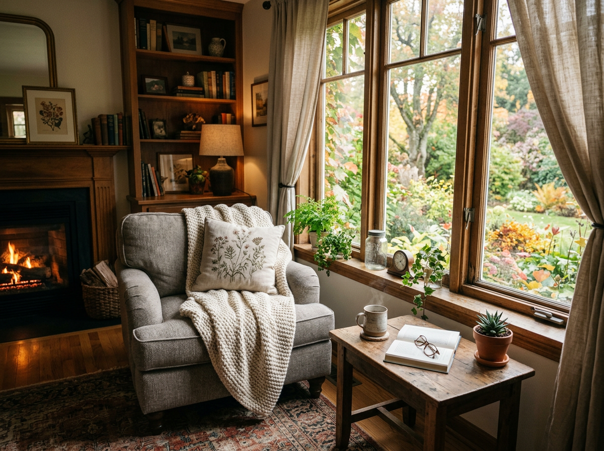 Armchair with blanket and pillow beside wooden table holding open book, glasses, and mug by window overlooking autumn garden