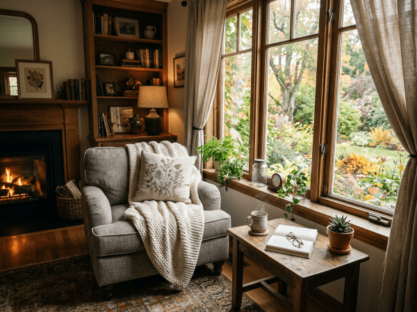 Armchair with blanket and pillow beside wooden table holding open book, glasses, and mug by window overlooking autumn garden