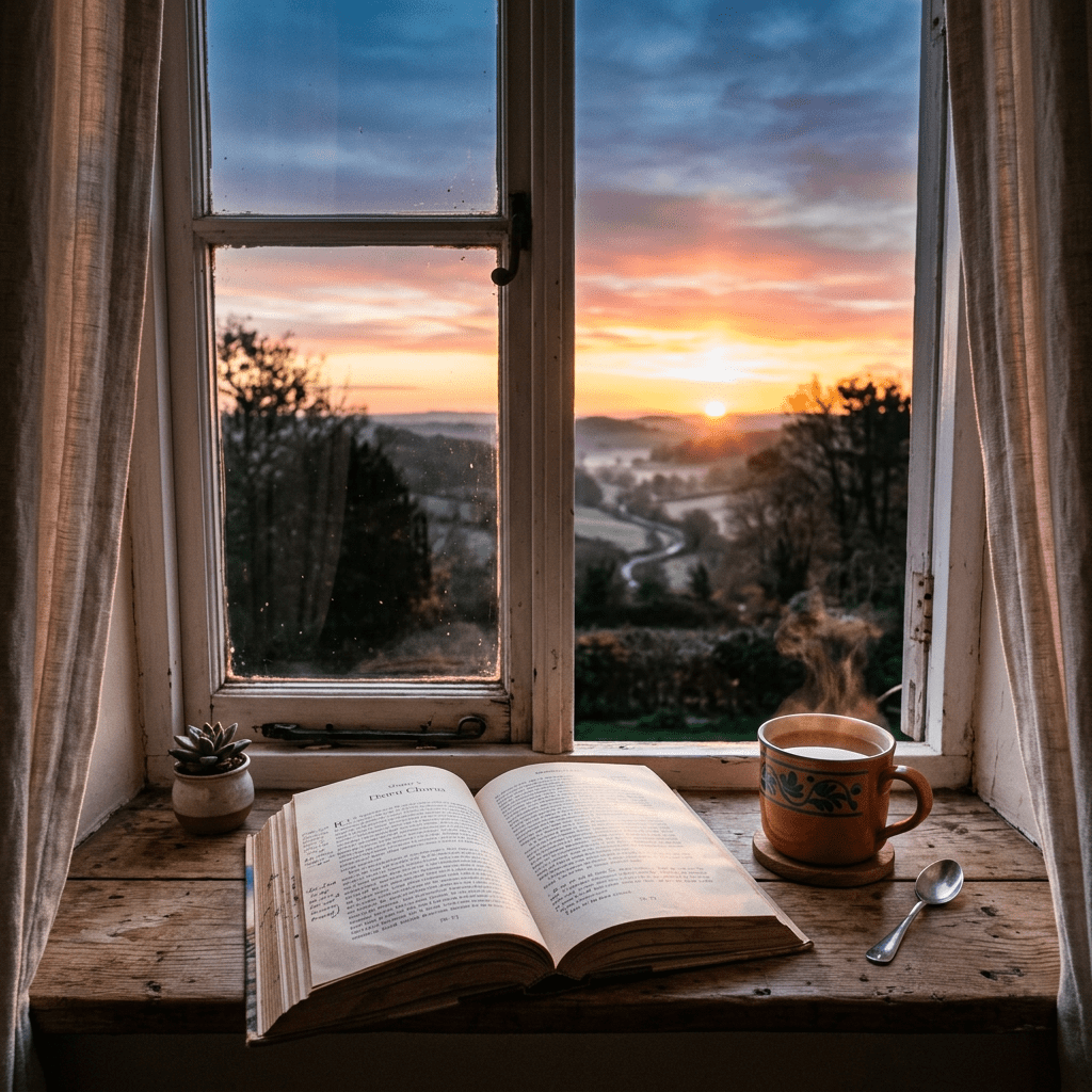 Open book and steaming tea cup on wooden windowsill with sunrise landscape outside