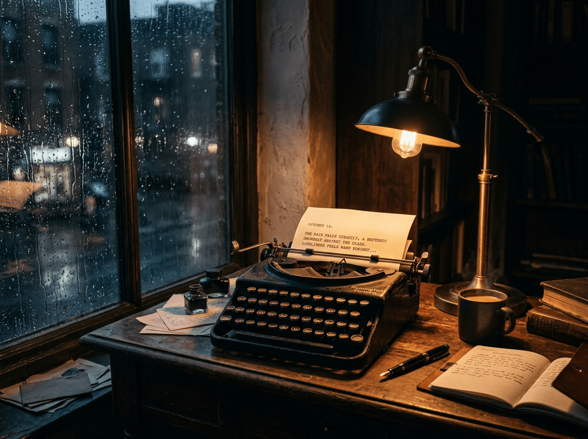 Old typewriter on wooden desk with paper, ink bottle, pen, open notebook, and lit desk lamp by rainy window