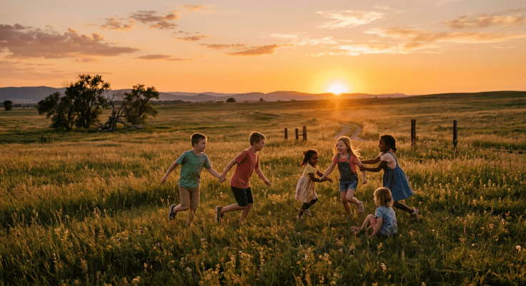 Children holding hands and playing in a field at sunset