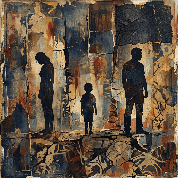 Silhouettes of a man, woman, and child with abstract cracked background