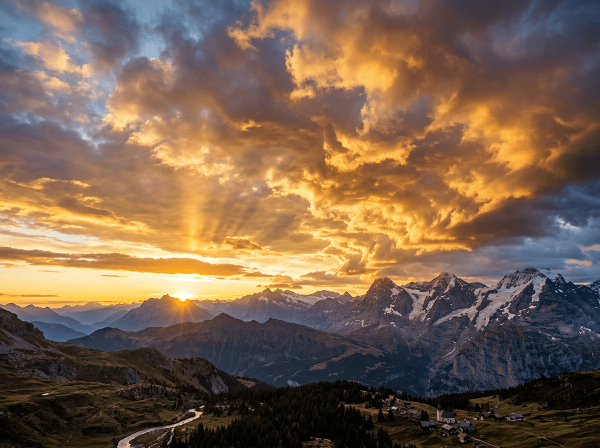 Sun setting behind snow-capped mountains with cloud-filled sky and alpine village below