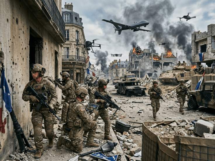 Military soldiers armed with rifles in a war-torn urban area accompanied by multiple flying drones and a surveillance drone aircraft.