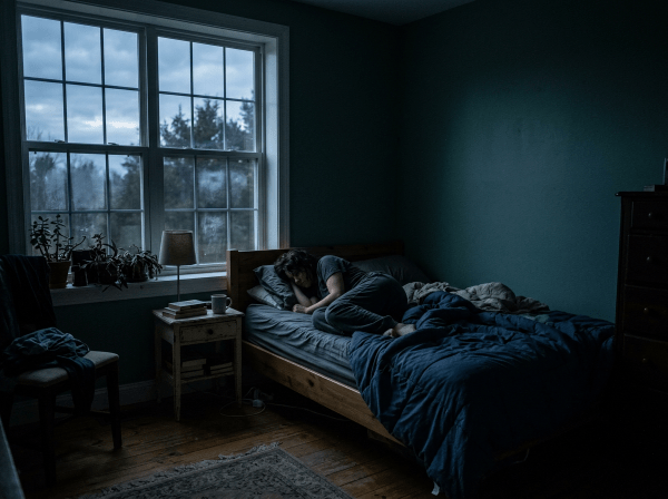 Person curled up asleep on bed in dim bedroom with window showing early morning sky