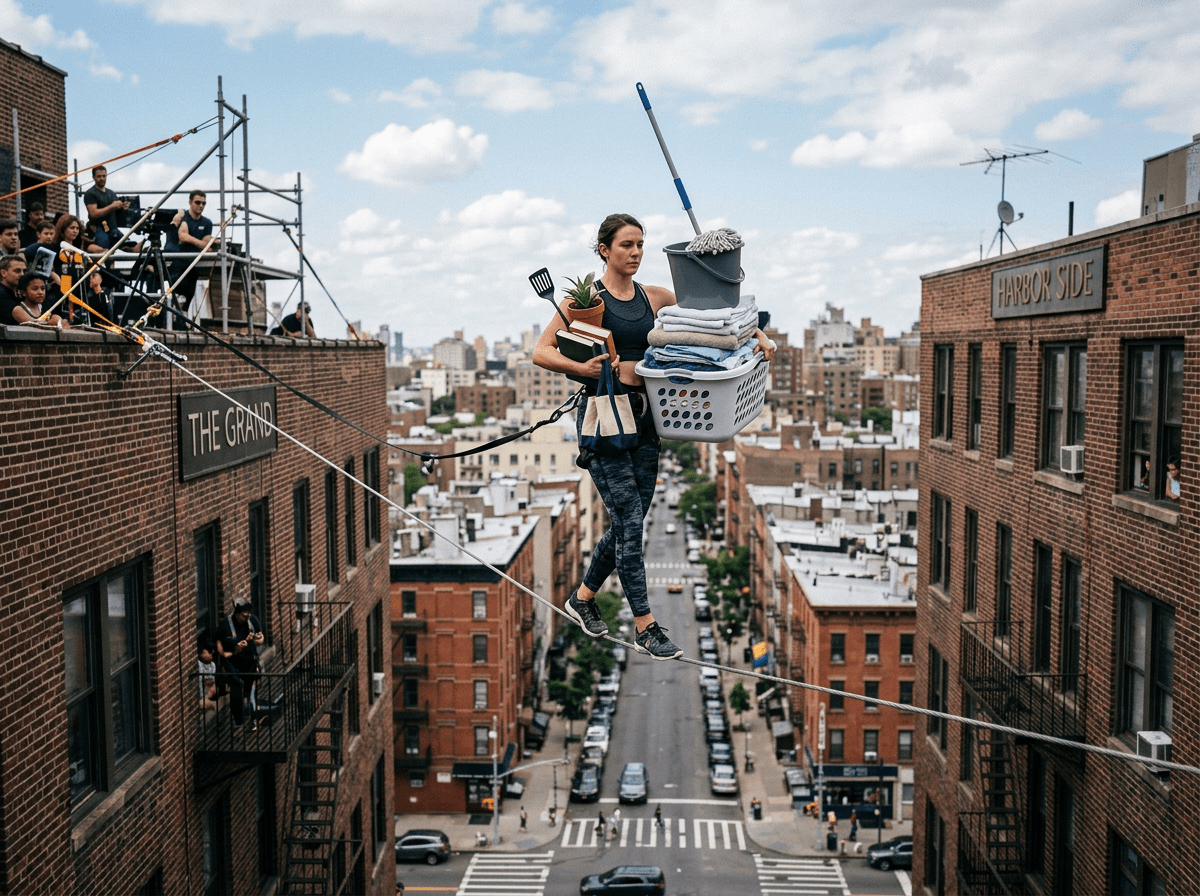 Woman walking a tightrope high above a city street holding laundry basket, mop, books, and plant