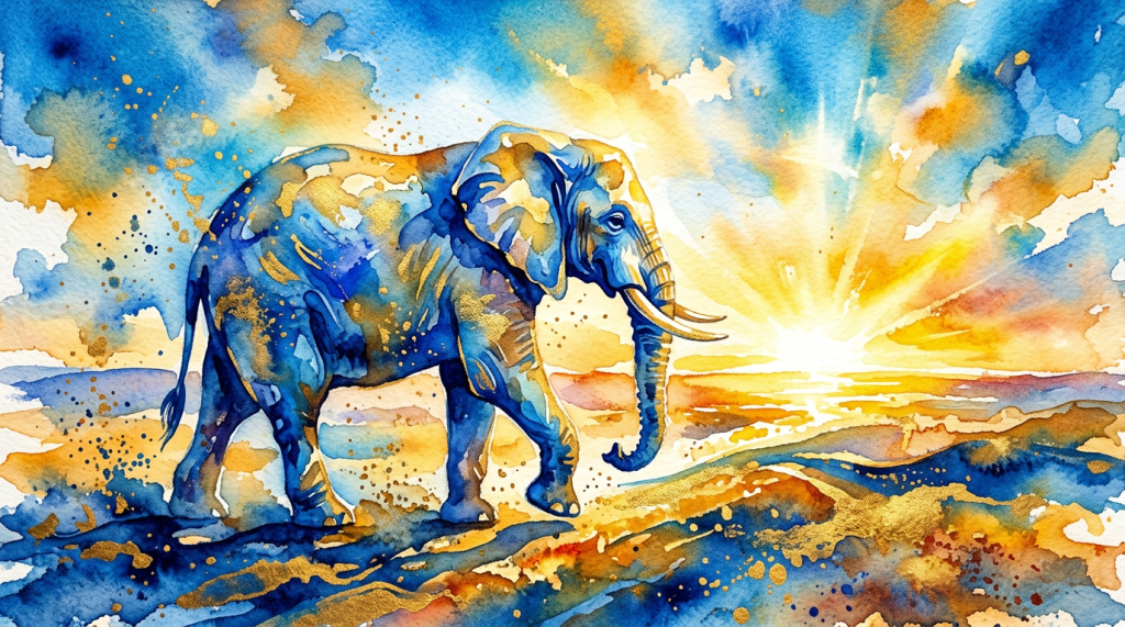 Watercolor painting of an elephant in blue and gold hues walking with the sun rising behind it