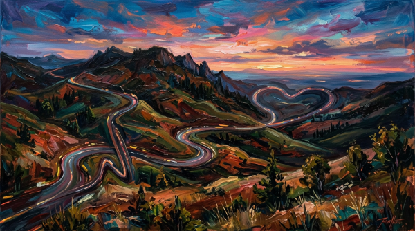 Mountain road winding through hills with heart-shaped curve at sunset