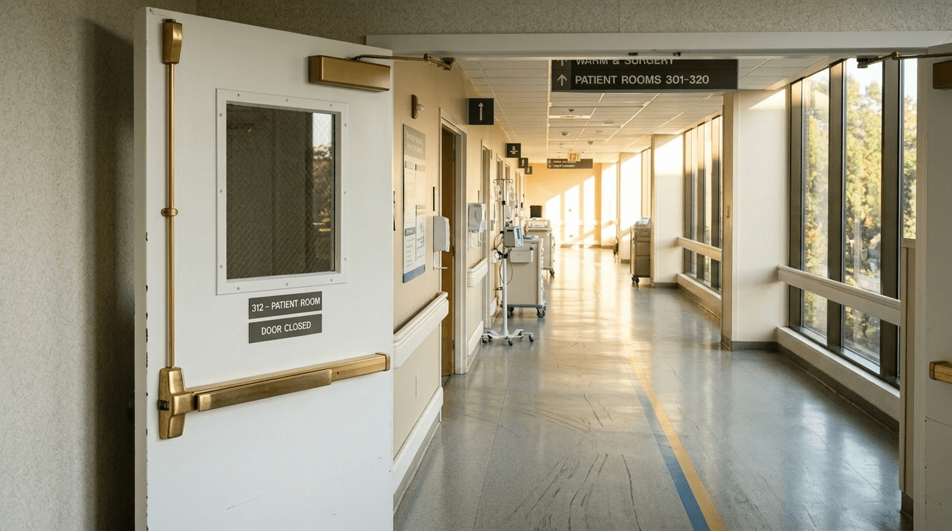 Hospital corridor with nurse pushing patient in wheelchair and another nurse walking