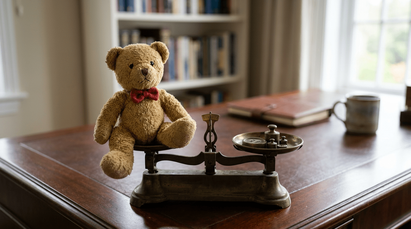 Teddy bear sitting on one side of an antique balance scale with weights on the opposite side.